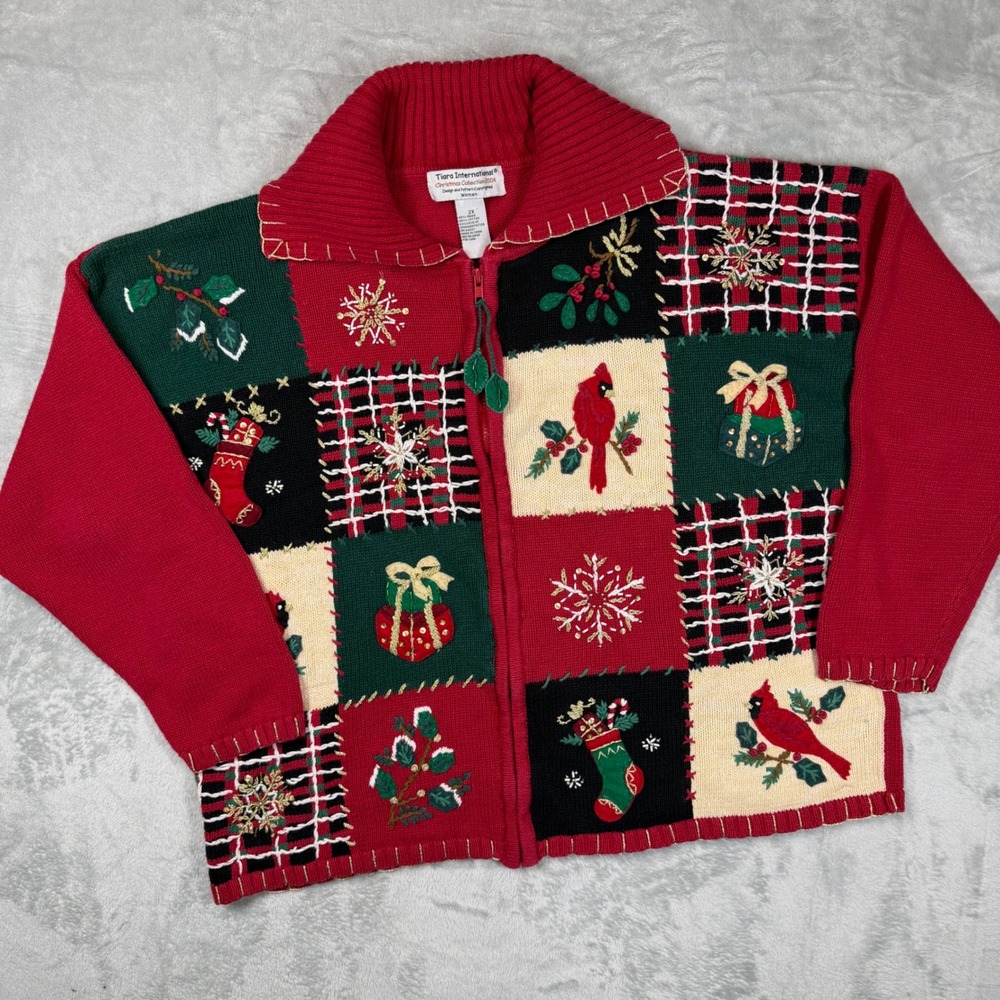 Tiara International Christmas Collection 2004 Cardinal Patchwork Sweater 2X